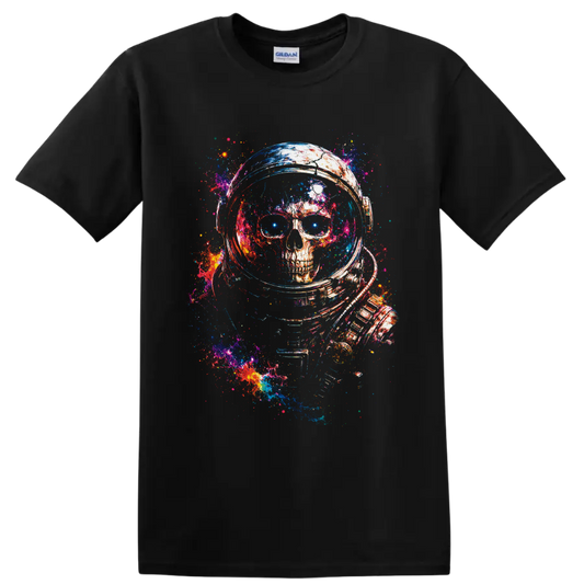 Astronaut skull in a space helmet with vivid galaxy paint-splatter art on a Black T Shirt