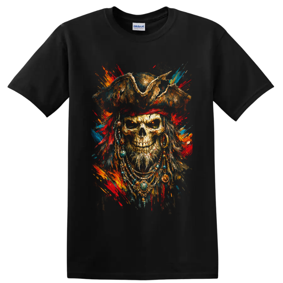 Gothic pirate skull in a weathered hat with colorful distressed paint splatters on a Black T Shirt