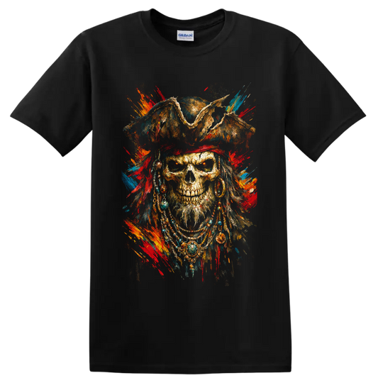 Gothic pirate skull in a weathered hat with colorful distressed paint splatters on a Black T Shirt