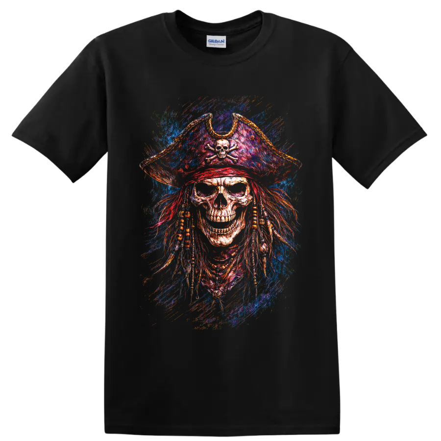 Colorful pirate skull with crossbones tricorn hat and vivid paint-splash gothic art on a Black T Shirt