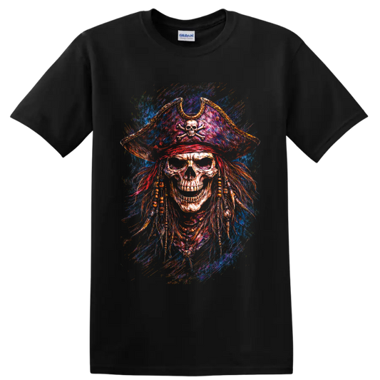 Colorful pirate skull with crossbones tricorn hat and vivid paint-splash gothic art on a Black T Shirt