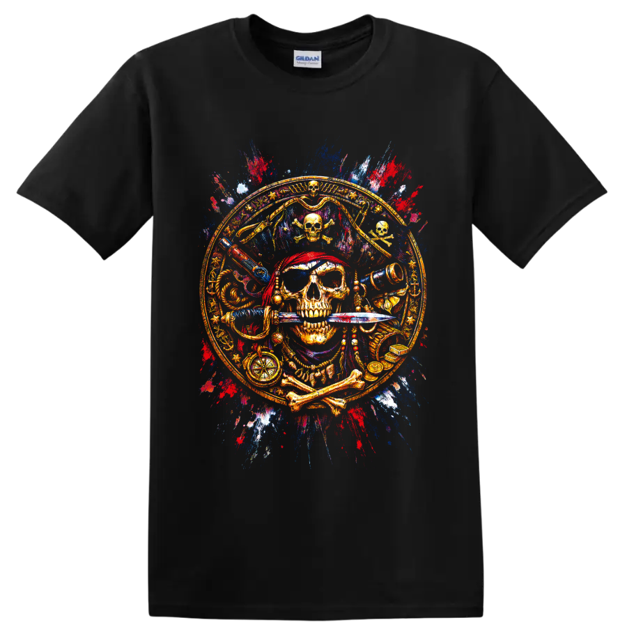 Ornate pirate skull with sword, compass, telescope and treasure in paint-splatter art on a Black T Shirt
