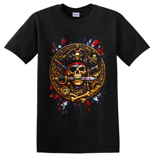 Ornate pirate skull with sword, compass, telescope and treasure in paint-splatter art on a Black T Shirt