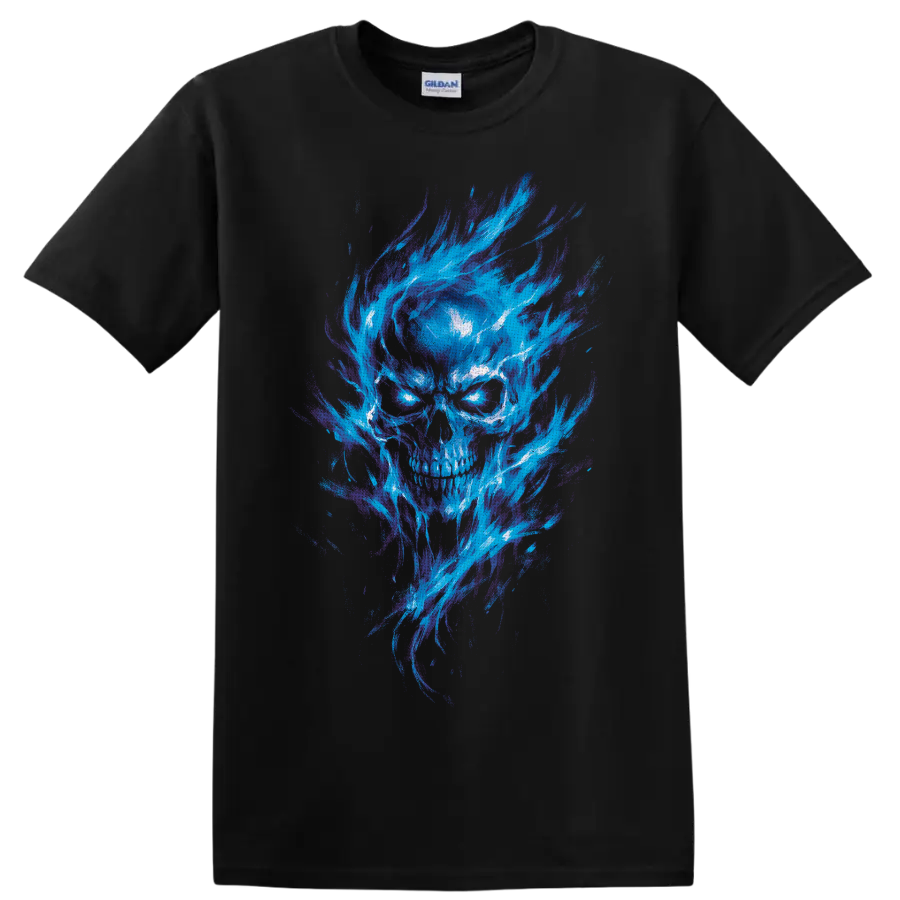 Gothic skull illustration with glowing cyan eyes and sweeping blue-purple flames on a Black T Shirt