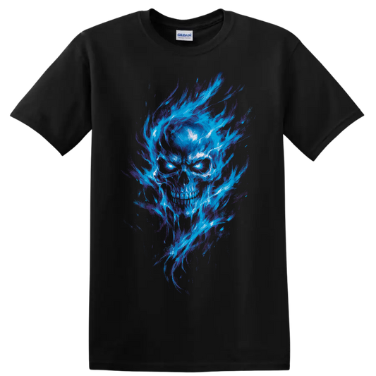 Gothic skull illustration with glowing cyan eyes and sweeping blue-purple flames on a Black T Shirt