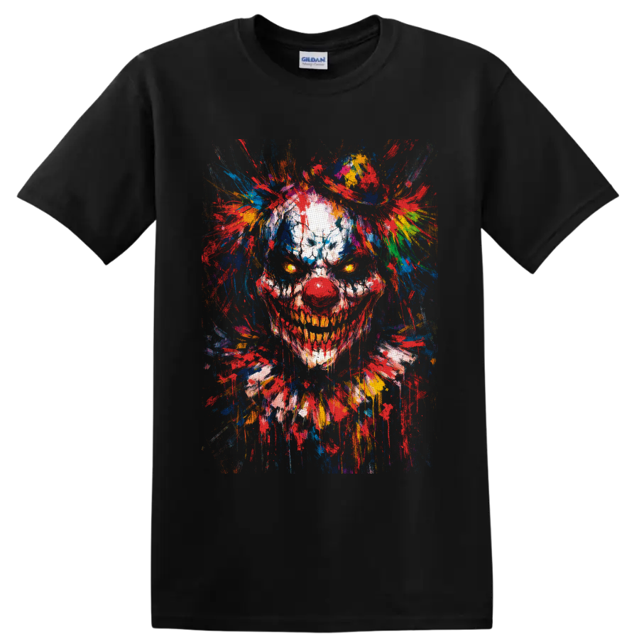 Skull clown portrait with glowing eyes and vivid multicolor paint splatters on a Black T Shirt
