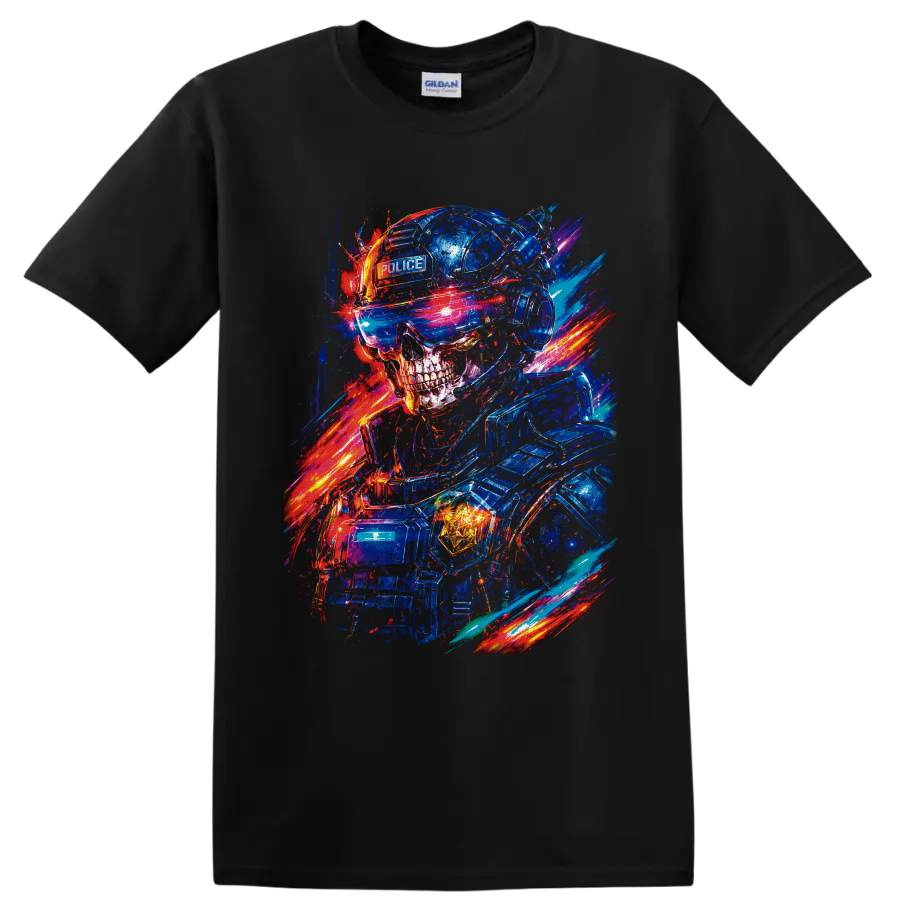 Neon cyberpunk police skull in tactical helmet and visor with electric light trails on a Black T Shirt