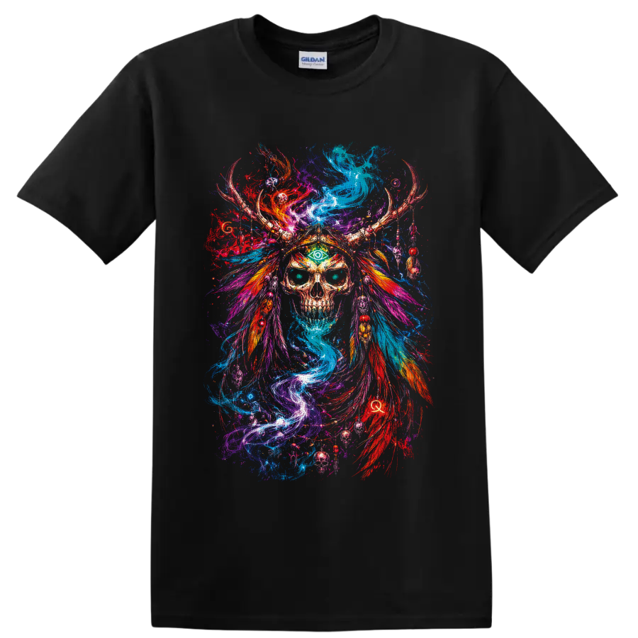Psychedelic skull with green third eye, antler headdress, feathers, and swirling color on a Black T Shirt