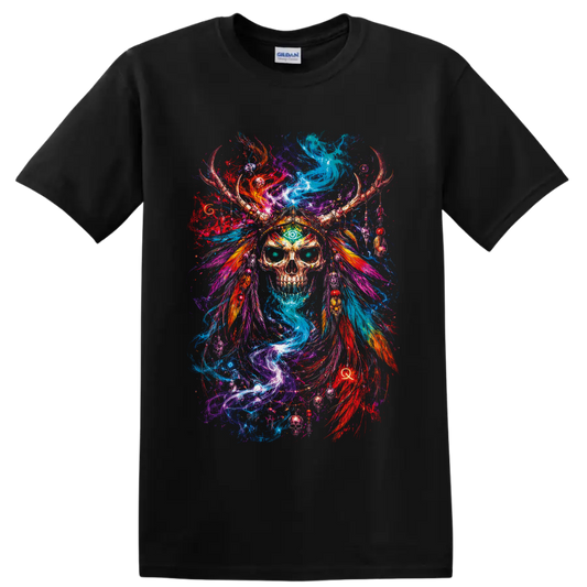 Psychedelic skull with green third eye, antler headdress, feathers, and swirling color on a Black T Shirt