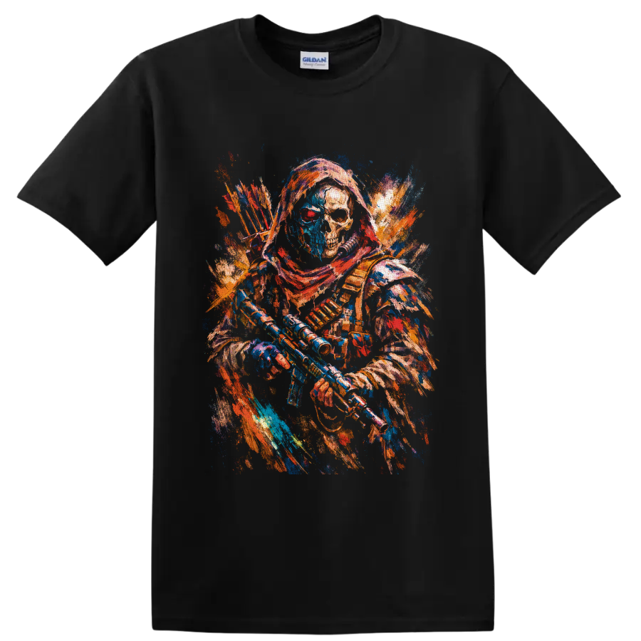 Colorful paint-splatter skeleton archer with bow, arrows, and gothic fantasy details on a Black T Shirt