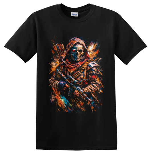 Colorful paint-splatter skeleton archer with bow, arrows, and gothic fantasy details on a Black T Shirt
