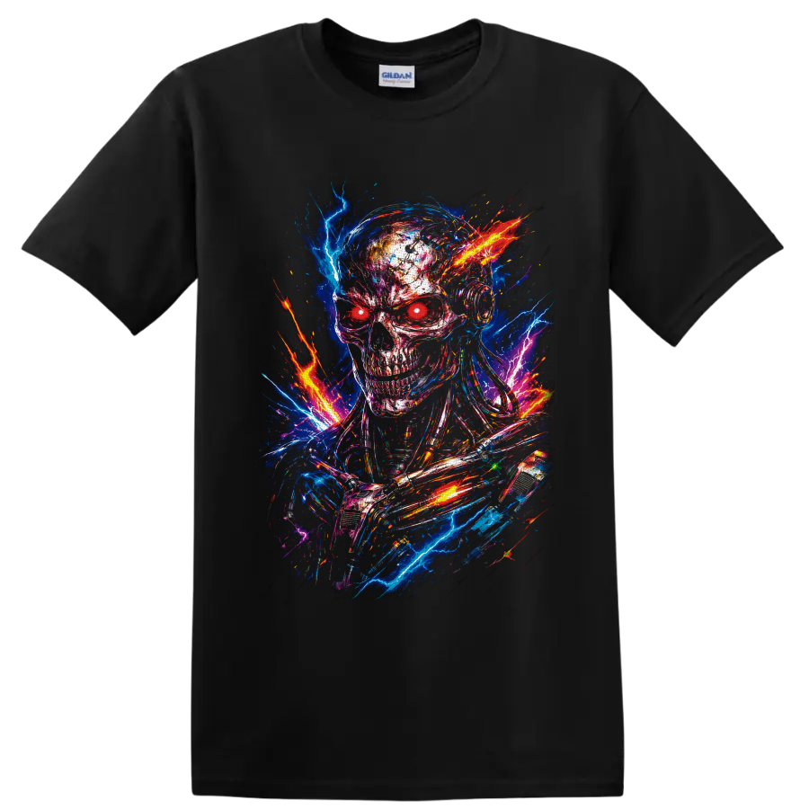 Cyberpunk robot skull with red eyes, neon lightning, fiery sparks, and glitch art on a Black T Shirt