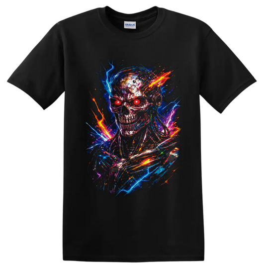 Cyberpunk robot skull with red eyes, neon lightning, fiery sparks, and glitch art on a Black T Shirt