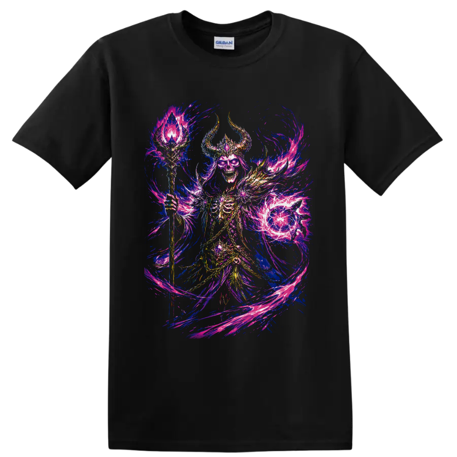 Skeletal necromancer with horned armor, crystal staff, and swirling purple flames on a Black T Shirt