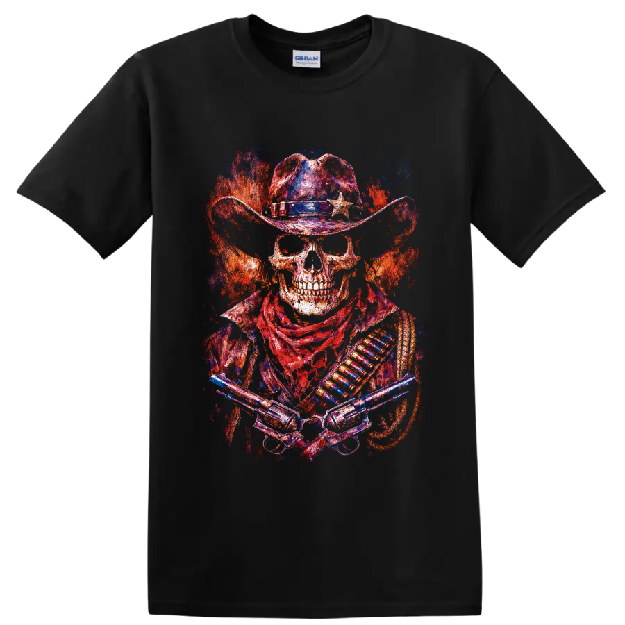 Distressed skeleton cowboy gunslinger with star hat, crossed revolvers, and fiery on a Black T Shirt