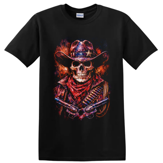 Distressed skeleton cowboy gunslinger with star hat, crossed revolvers, and fiery on a Black T Shirt