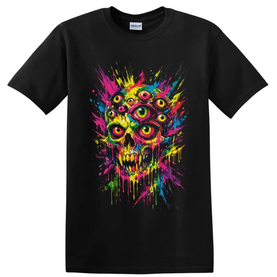 Psychedelic multi-eyed skull in neon paint splash and dripping street art style on a Black T Shirt