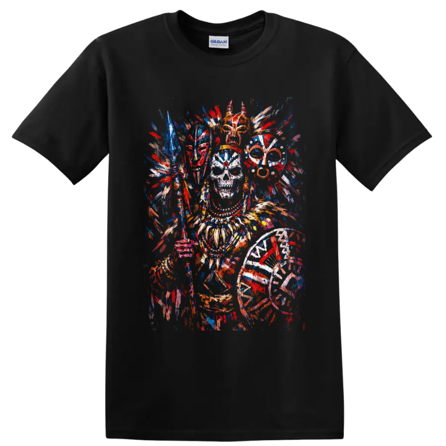 Colorful skull with ornate feathered headpiece, masks, spear, and shield in paint on a Black T Shirt