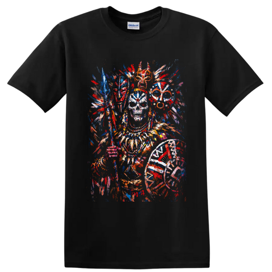 Colorful skull with ornate feathered headpiece, masks, spear, and shield in paint on a Black T Shirt