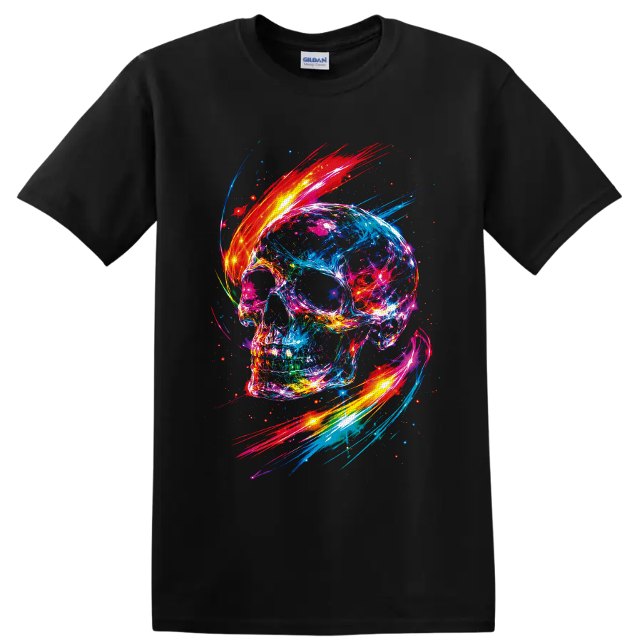 Neon abstract skull with colorful paint splashes, glowing streaks, and scattered sparks on a Black T Shirt