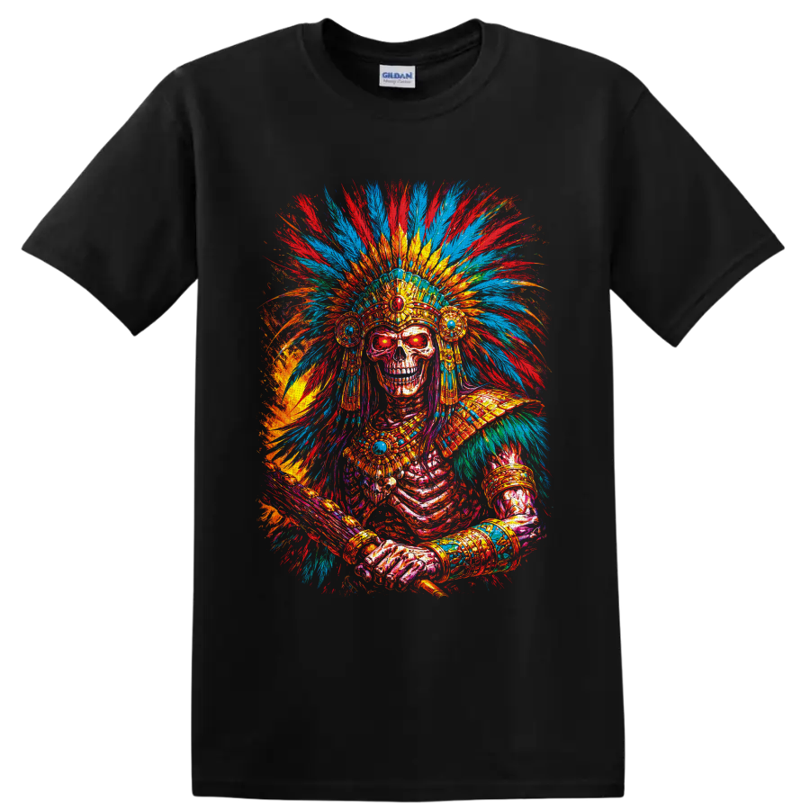 Colorful gothic skeleton with ornate feather headdress and jeweled paint-splash art on a Black T Shirt