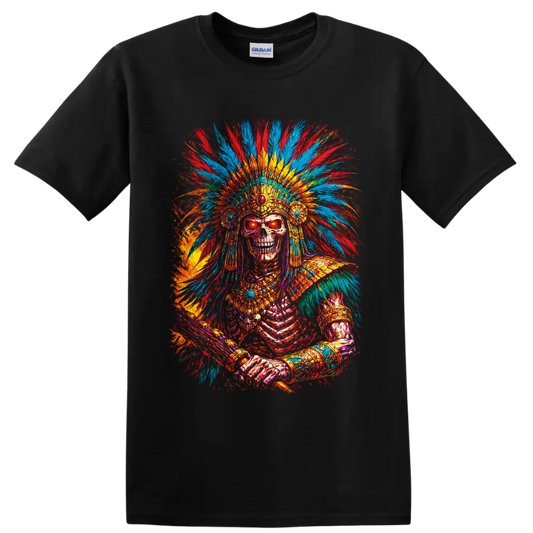 Colorful gothic skeleton with ornate feather headdress and jeweled paint-splash art on a Black T Shirt