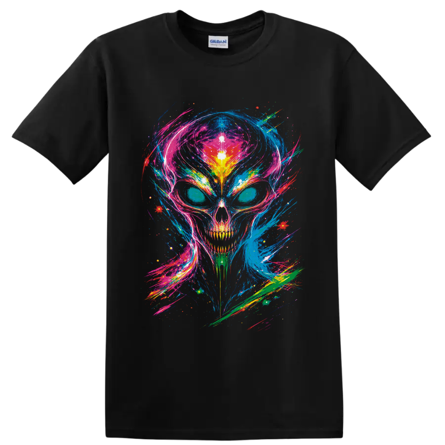 Psychedelic neon skull with cosmic paint splashes and glowing abstract bursts on a Black T Shirt