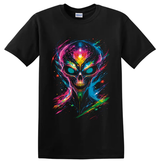Psychedelic neon skull with cosmic paint splashes and glowing abstract bursts on a Black T Shirt