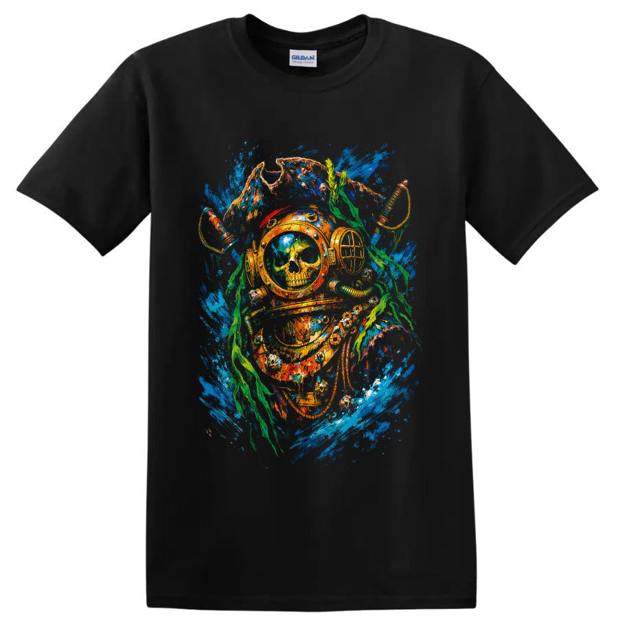 Vintage deep-sea diver helmet with skull, octopus tentacles, seaweed, and blue water on a Black T Shirt