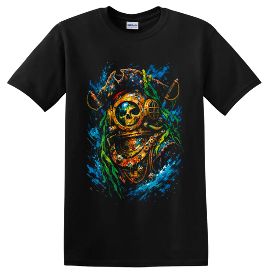 Vintage deep-sea diver helmet with skull, octopus tentacles, seaweed, and blue water on a Black T Shirt