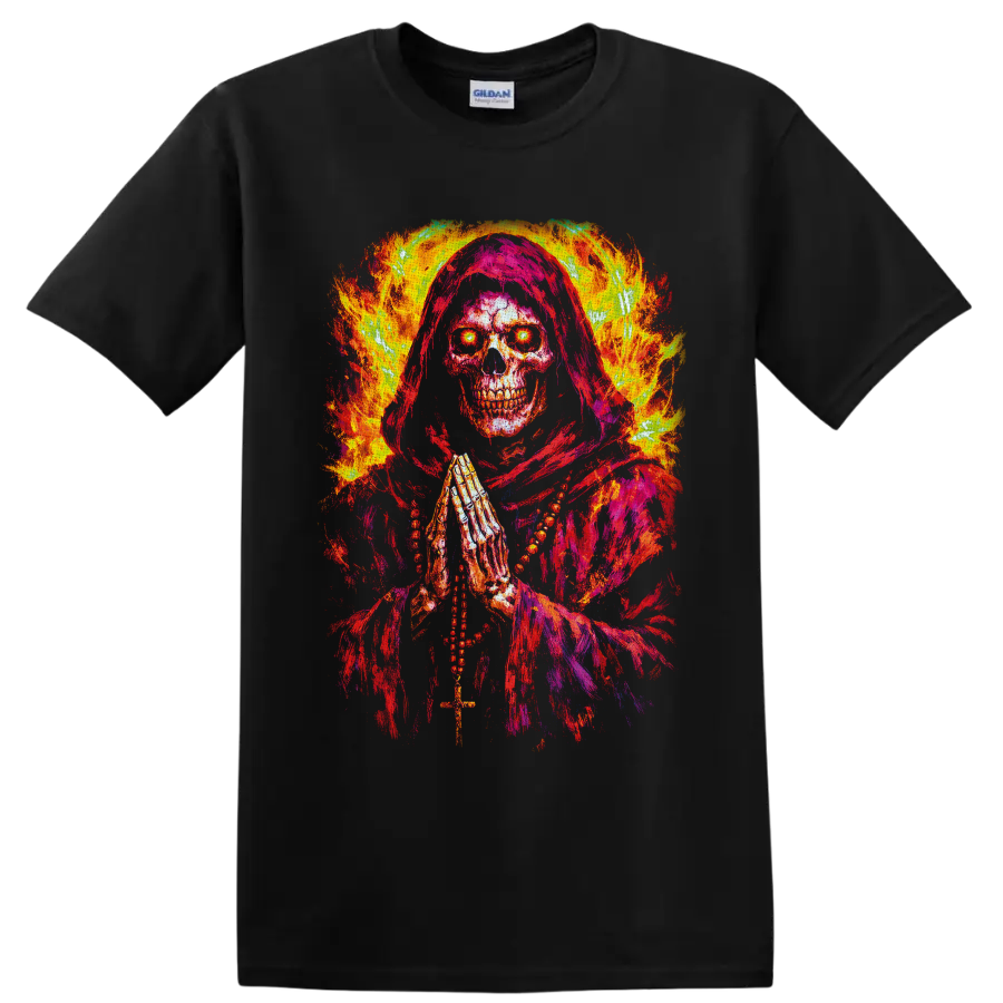 Fiery hooded grim reaper skull with praying hands, cross, and glowing eyes on a Black T Shirt