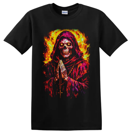 Fiery hooded grim reaper skull with praying hands, cross, and glowing eyes on a Black T Shirt