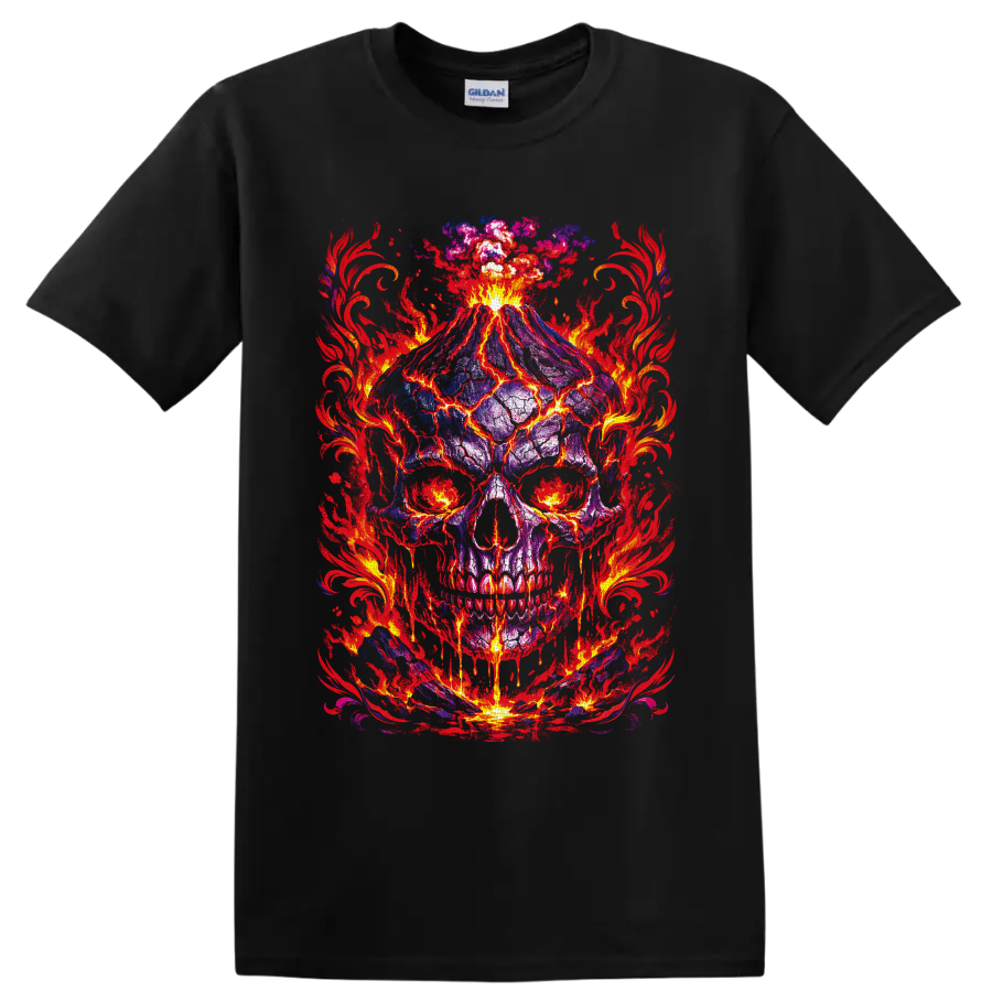 Volcanic purple skull with molten lava cracks, erupting fire, and red flame artwork on a Black T Shirt