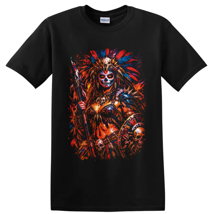 Skull-faced fantasy warrior with feather headdress, staff, shield, and vivid paint on a Black T Shirt