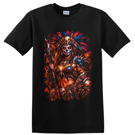 Skull-faced fantasy warrior with feather headdress, staff, shield, and vivid paint on a Black T Shirt