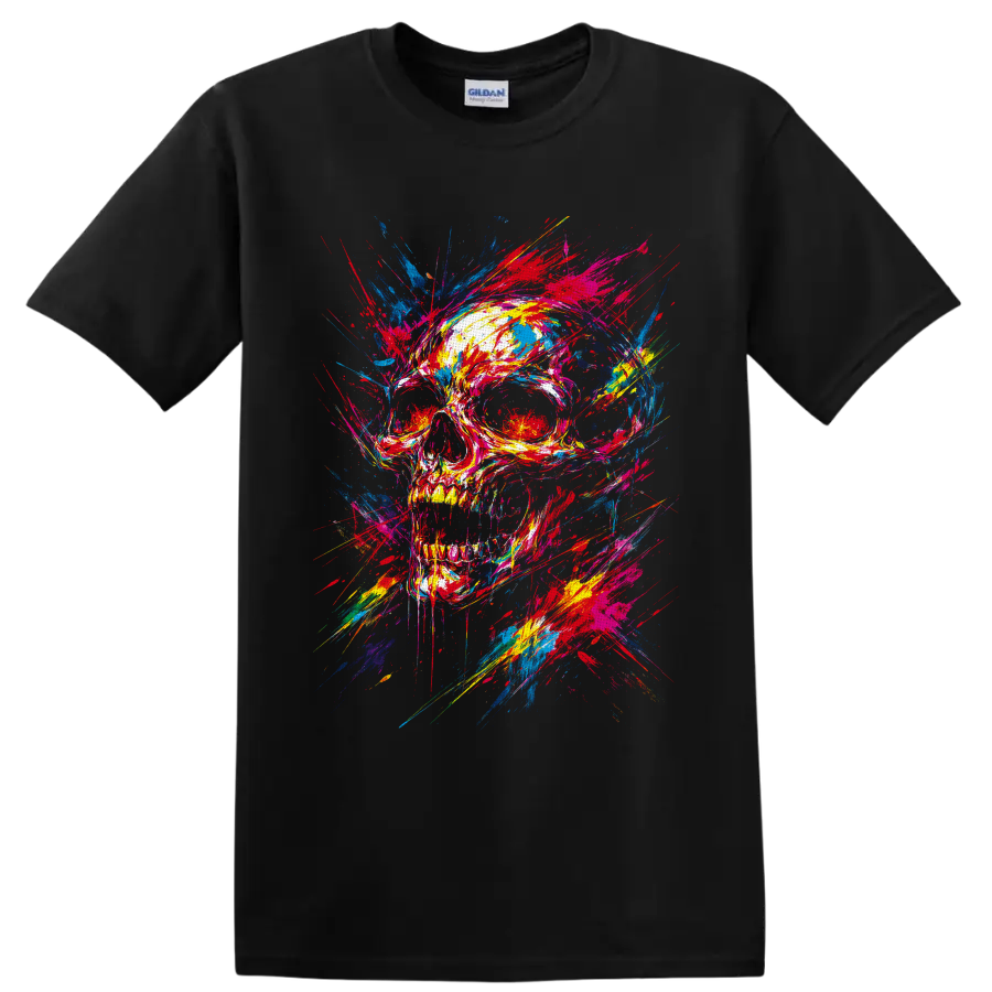 Colorful skull with explosive paint splatters and graffiti-style brushstrokes on a Black T Shirt