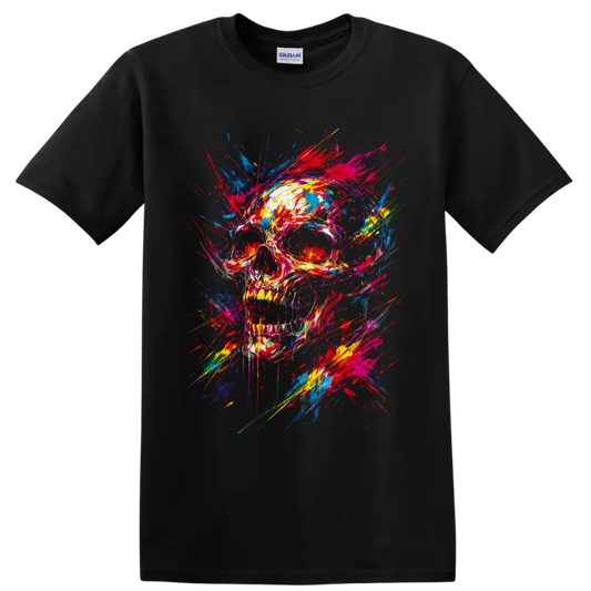 Colorful skull with explosive paint splatters and graffiti-style brushstrokes on a Black T Shirt