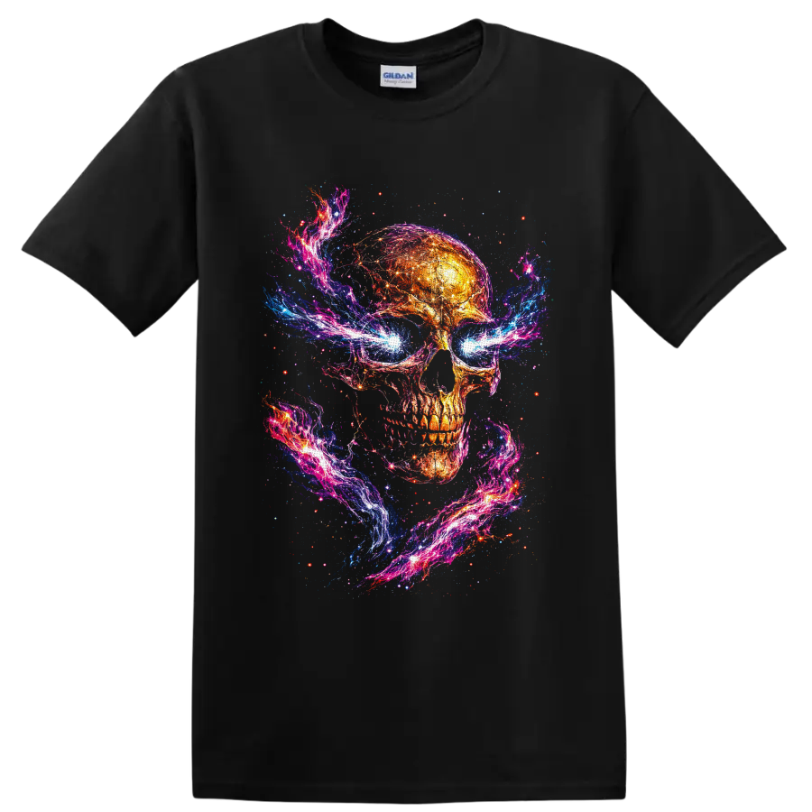 Fiery cosmic skull with neon galaxy swirls, electric blue eyes, and starlight on a Black T Shirt