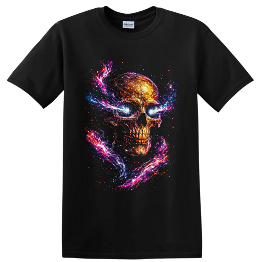 Fiery cosmic skull with neon galaxy swirls, electric blue eyes, and starlight on a Black T Shirt