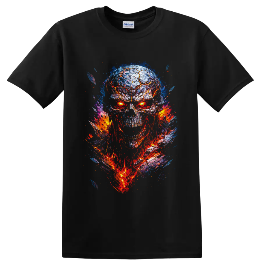 Molten lava skull illustration with glowing eyes and blue flame-like splashes on a Black T Shirt