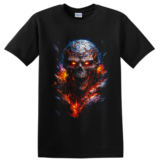 Molten lava skull illustration with glowing eyes and blue flame-like splashes on a Black T Shirt