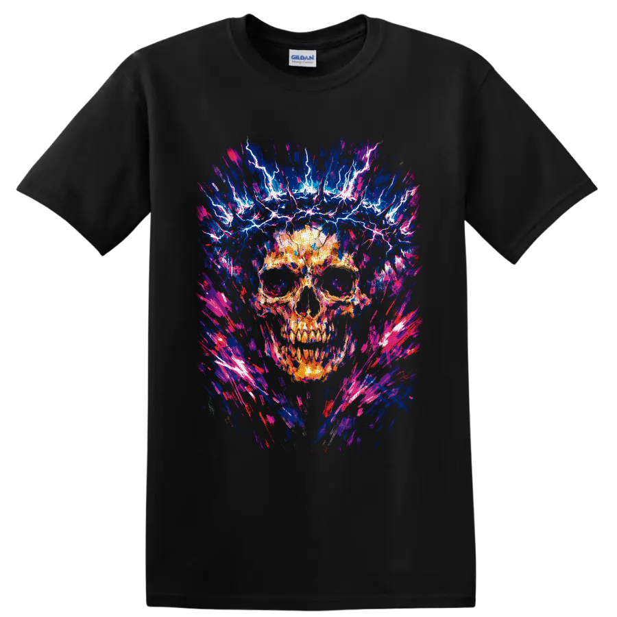 Fiery skull with electric lightning in neon blue, pink, and abstract brushstroke art on a Black T Shirt