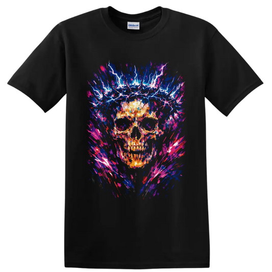 Fiery skull with electric lightning in neon blue, pink, and abstract brushstroke art on a Black T Shirt