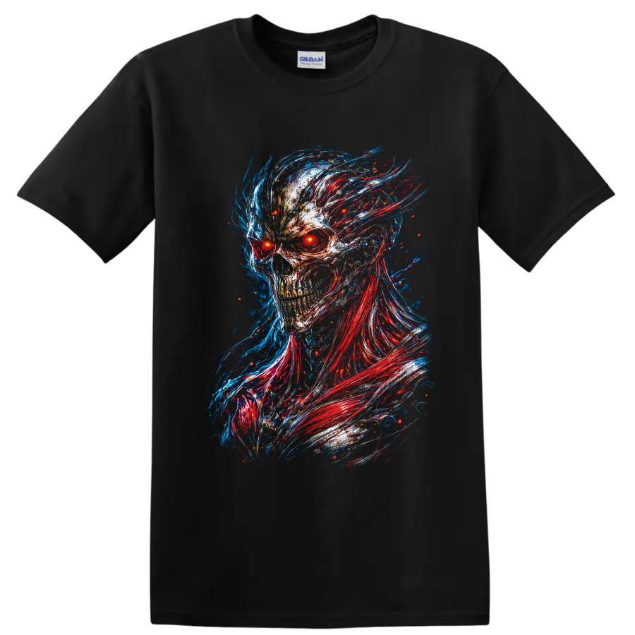Cyberpunk skull with glowing red eyes and red blue neon glitch-art energy trails on a Black T Shirt