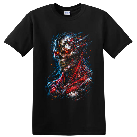 Cyberpunk skull with glowing red eyes and red blue neon glitch-art energy trails on a Black T Shirt