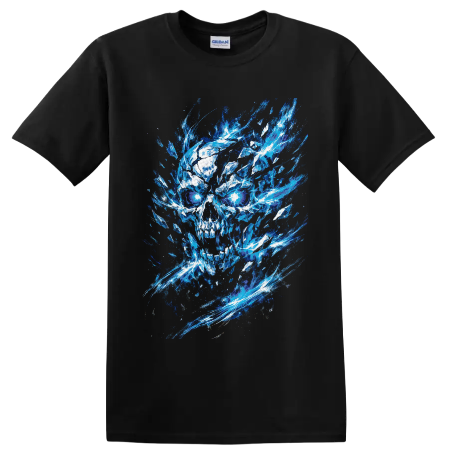 Blue ice skull illustration with glowing eyes and exploding crystal shards on a Black T Shirt