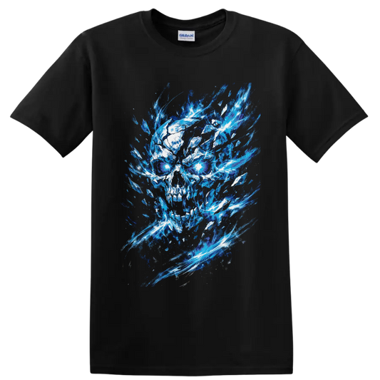 Blue ice skull illustration with glowing eyes and exploding crystal shards on a Black T Shirt