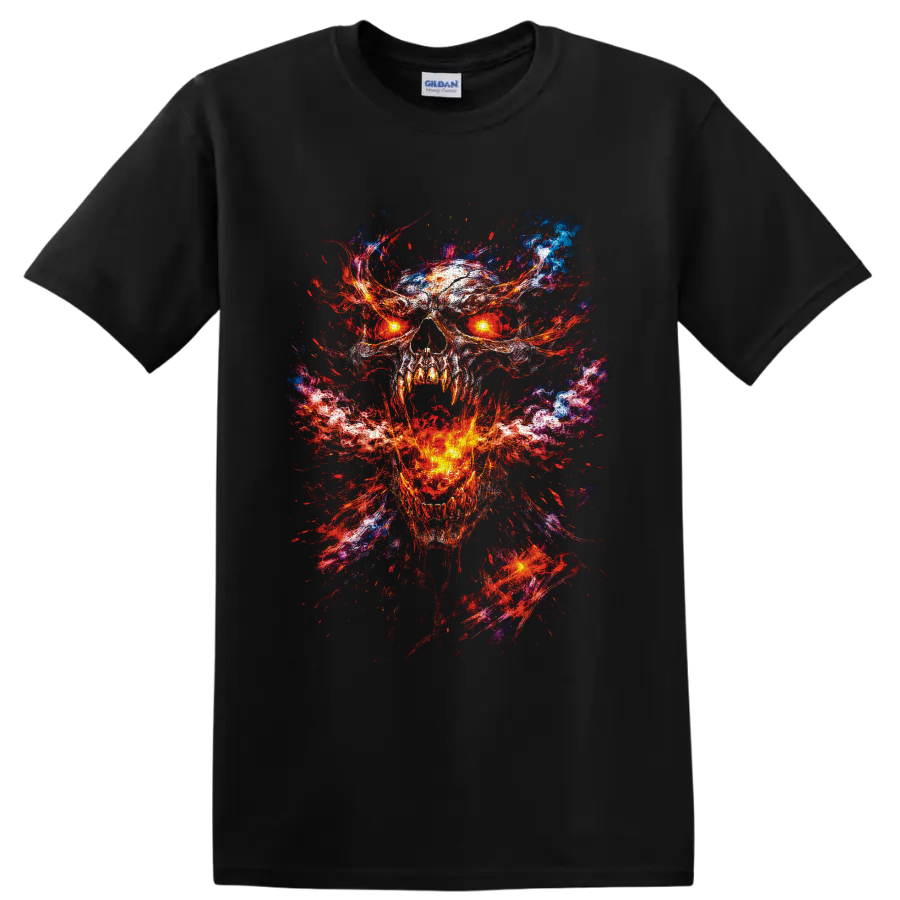 Glowing-eyed flaming skull in fiery gothic horror paint-splatter art on a Black T Shirt