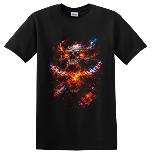Glowing-eyed flaming skull in fiery gothic horror paint-splatter art on a Black T Shirt
