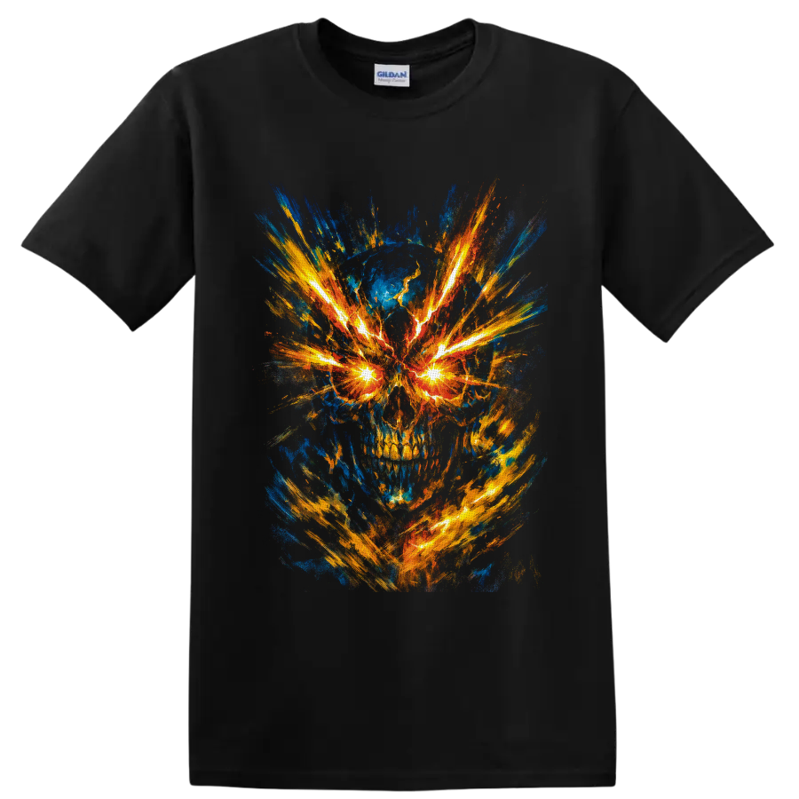 Abstract fiery skull with glowing electric eyes and explosive blue and gold brushstrokes on a Black T Shirt
